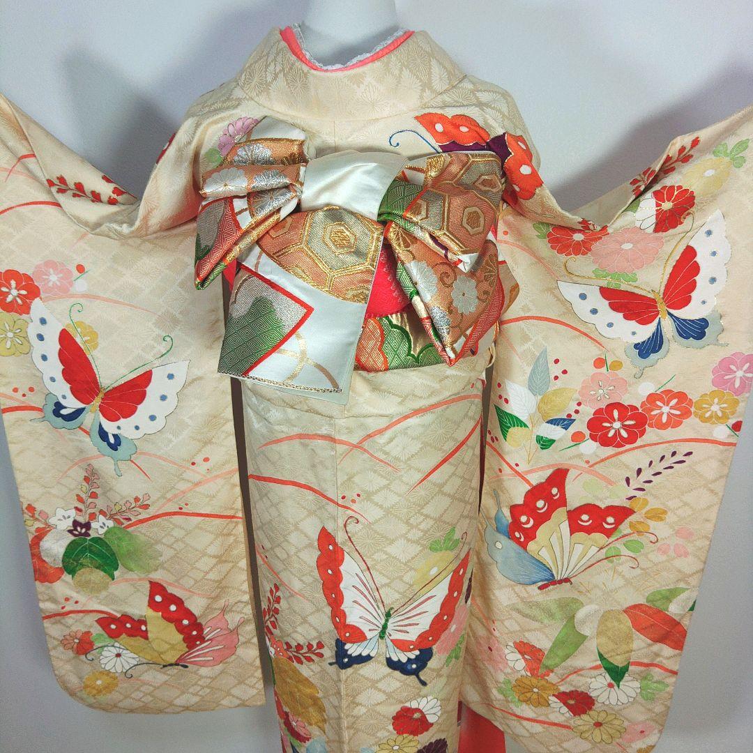 格安！　振袖フルセット　8点　成人式　結婚式　前撮り　蝶々　クリーム色　袋帯　白