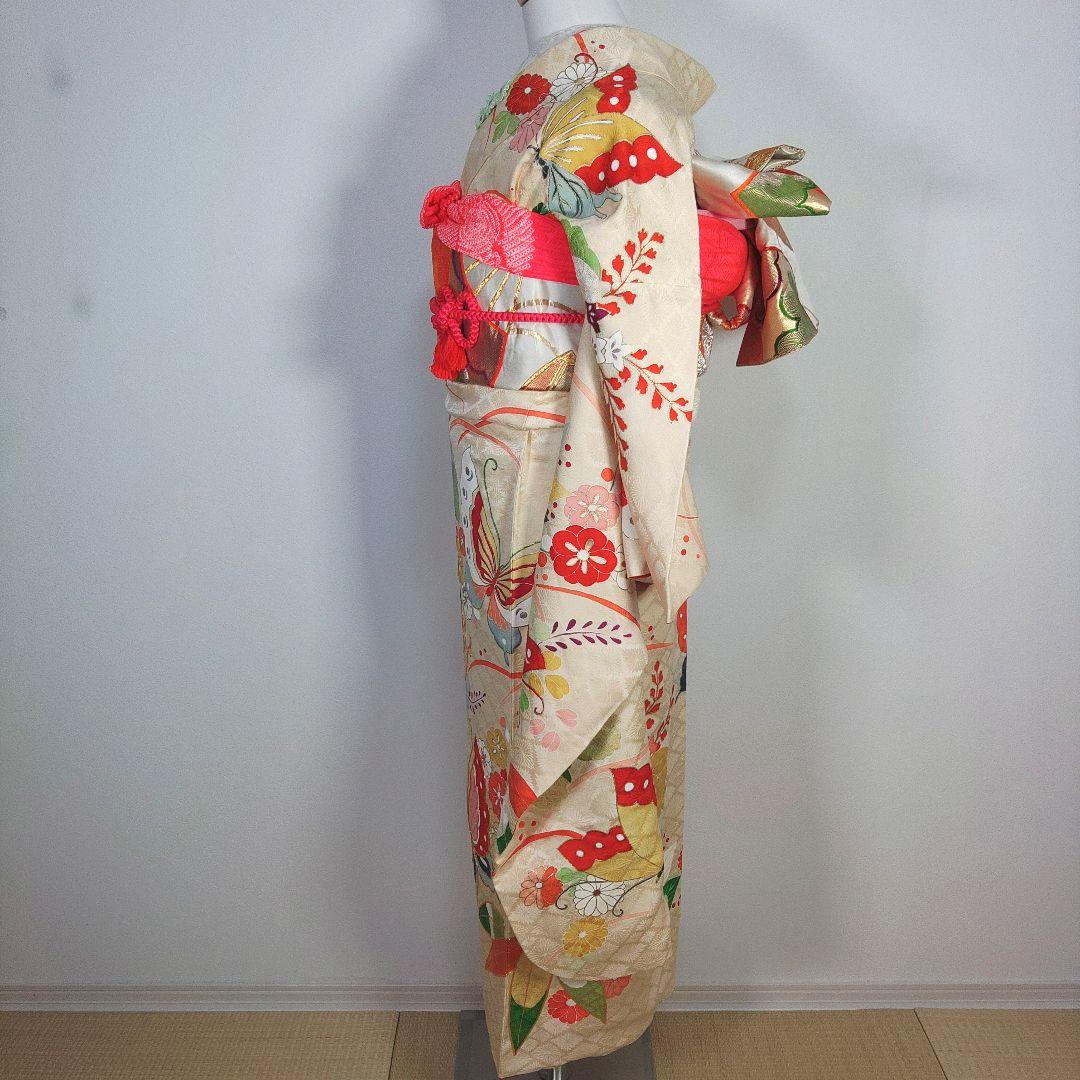 格安！　振袖フルセット　8点　成人式　結婚式　前撮り　蝶々　クリーム色　袋帯　白