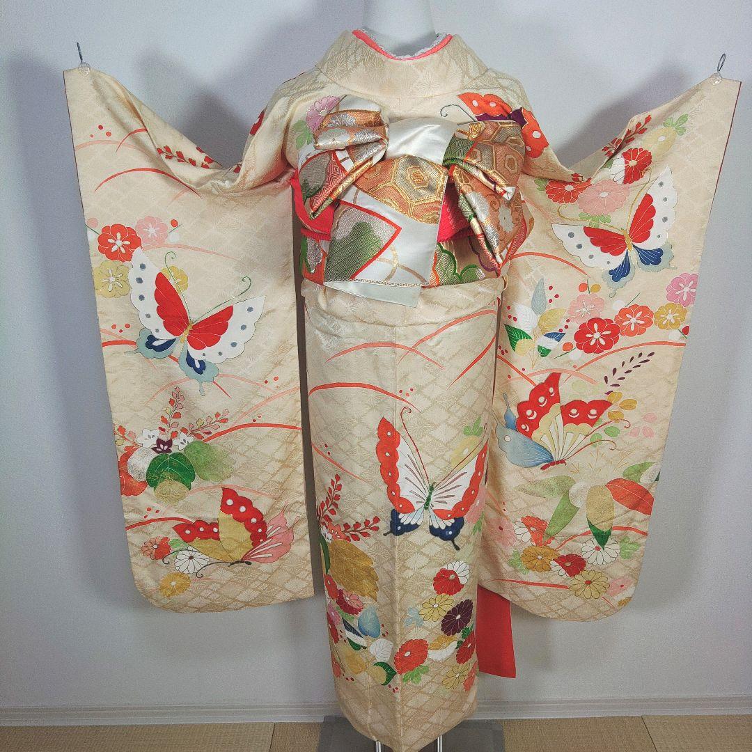 格安！　振袖フルセット　8点　成人式　結婚式　前撮り　蝶々　クリーム色　袋帯　白