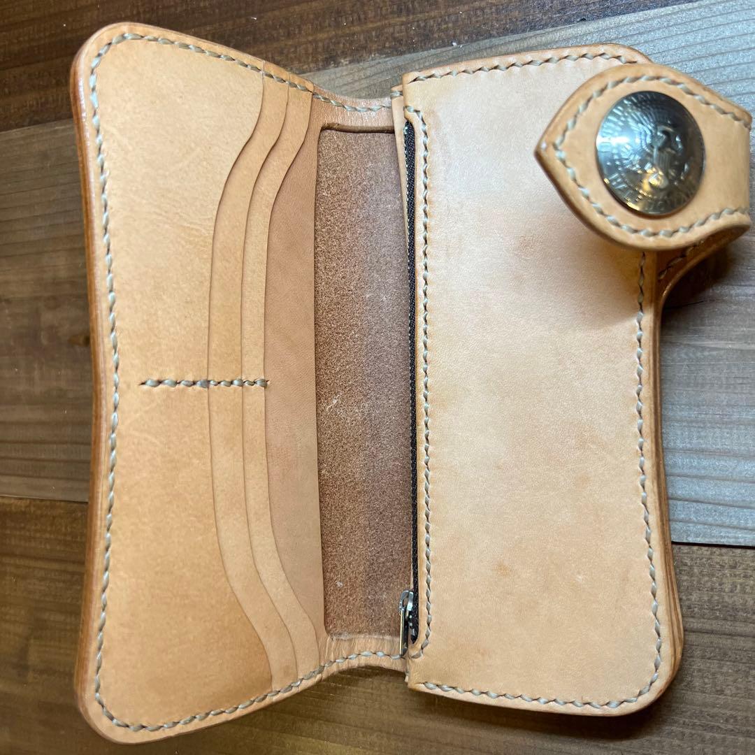 【ロングウォレット】 ナチュラル 総手縫い コンチョ メンズ 本革 長財布