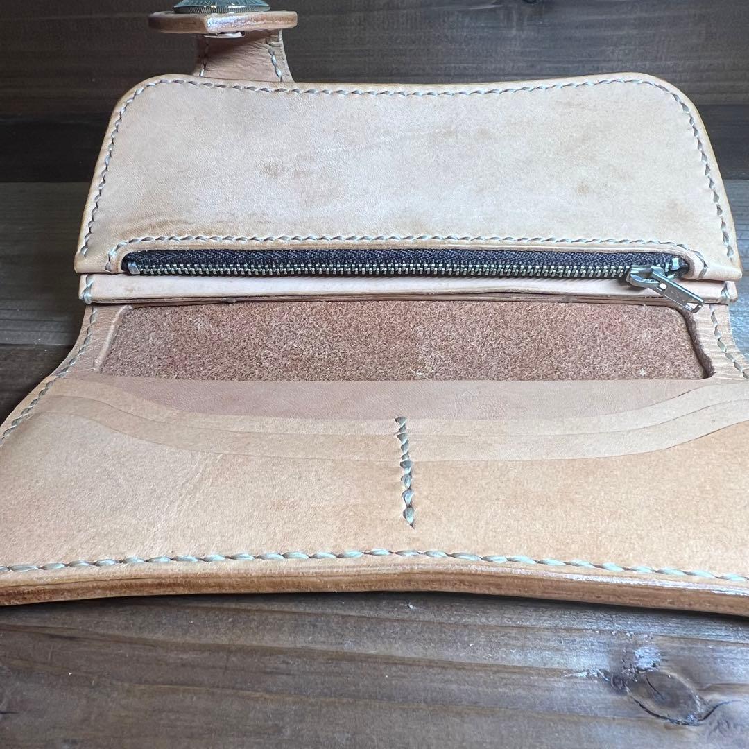 【ロングウォレット】 ナチュラル 総手縫い コンチョ メンズ 本革 長財布