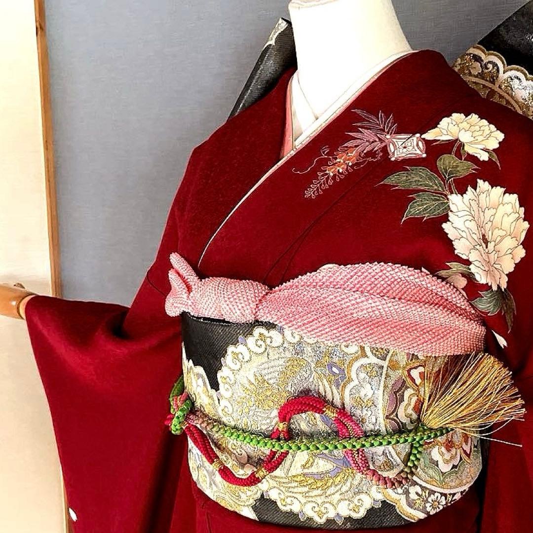 振袖フルセット　手描き友禅　のしめ牡丹　成人式振袖　振袖　裄丈69 赤系