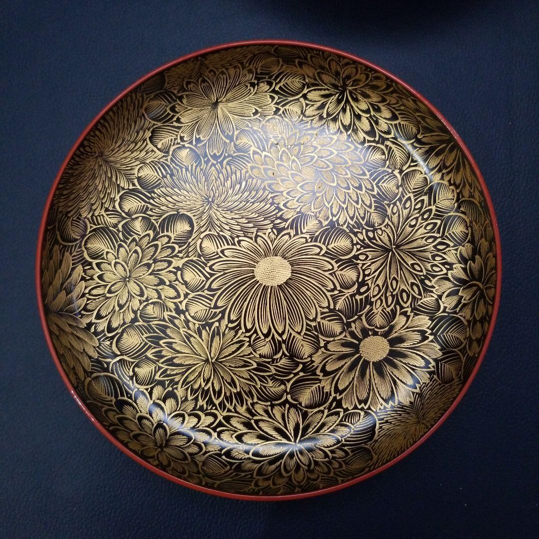 朱漆塗 見返し 総沈金 菊花紋詰 蓋付き 菓子椀 吸物椀 懐石椀 3客