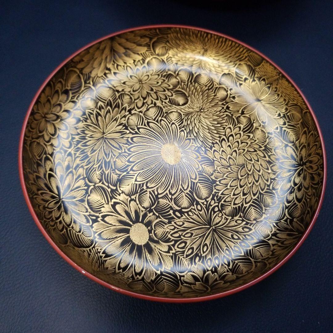 朱漆塗 見返し 総沈金 菊花紋詰 蓋付き 菓子椀 吸物椀 懐石椀 3客