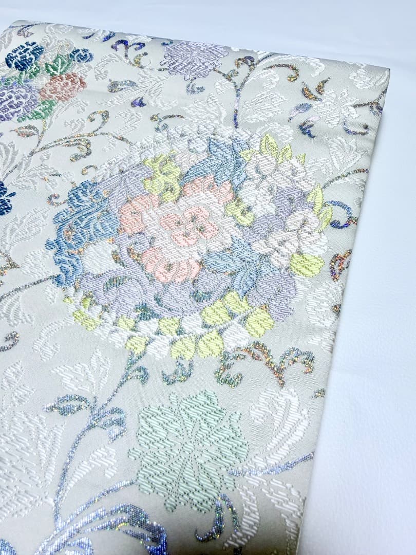 高級 袋帯 正絹 六通柄 総唐織 ホワイト ラメ 訪問着 留袖 色無地