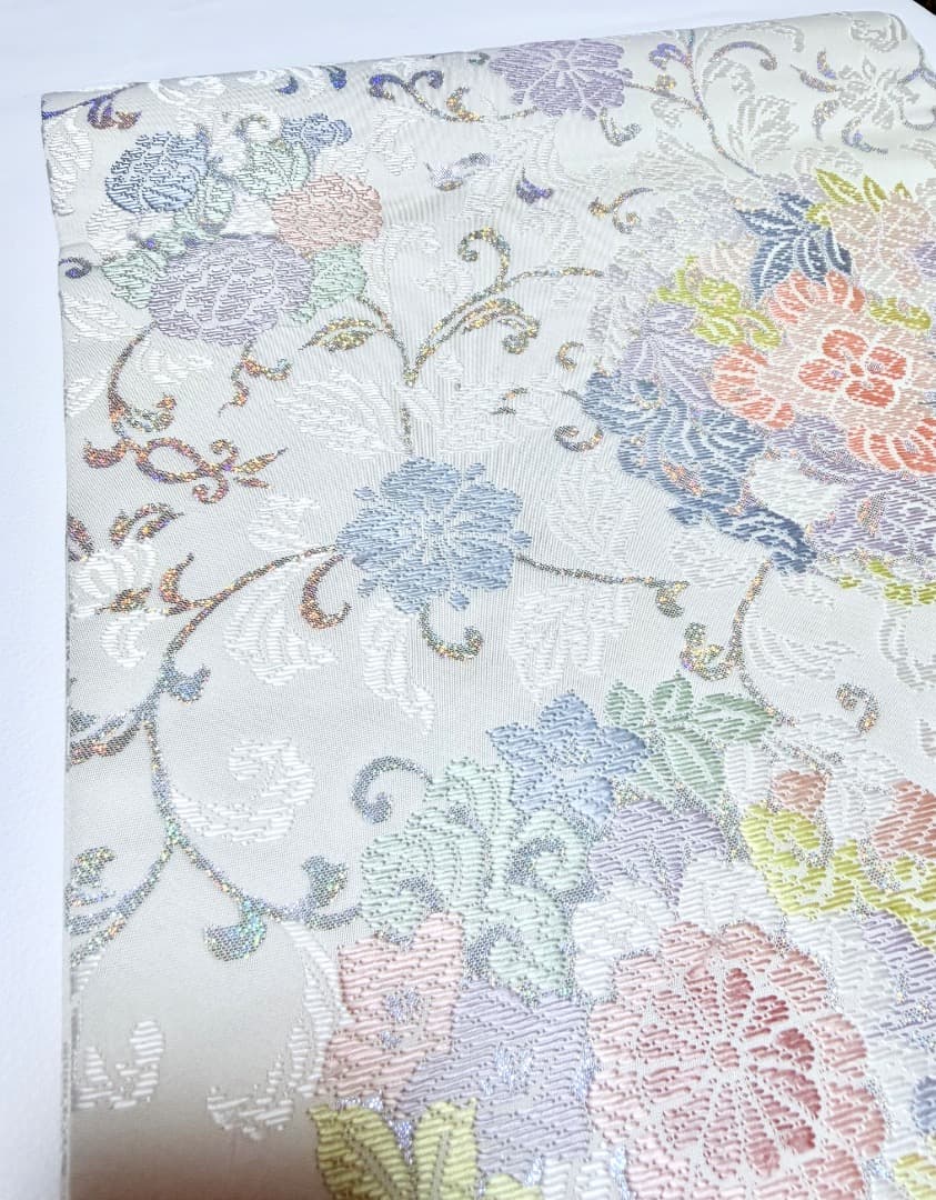 高級 袋帯 正絹 六通柄 総唐織 ホワイト ラメ 訪問着 留袖 色無地