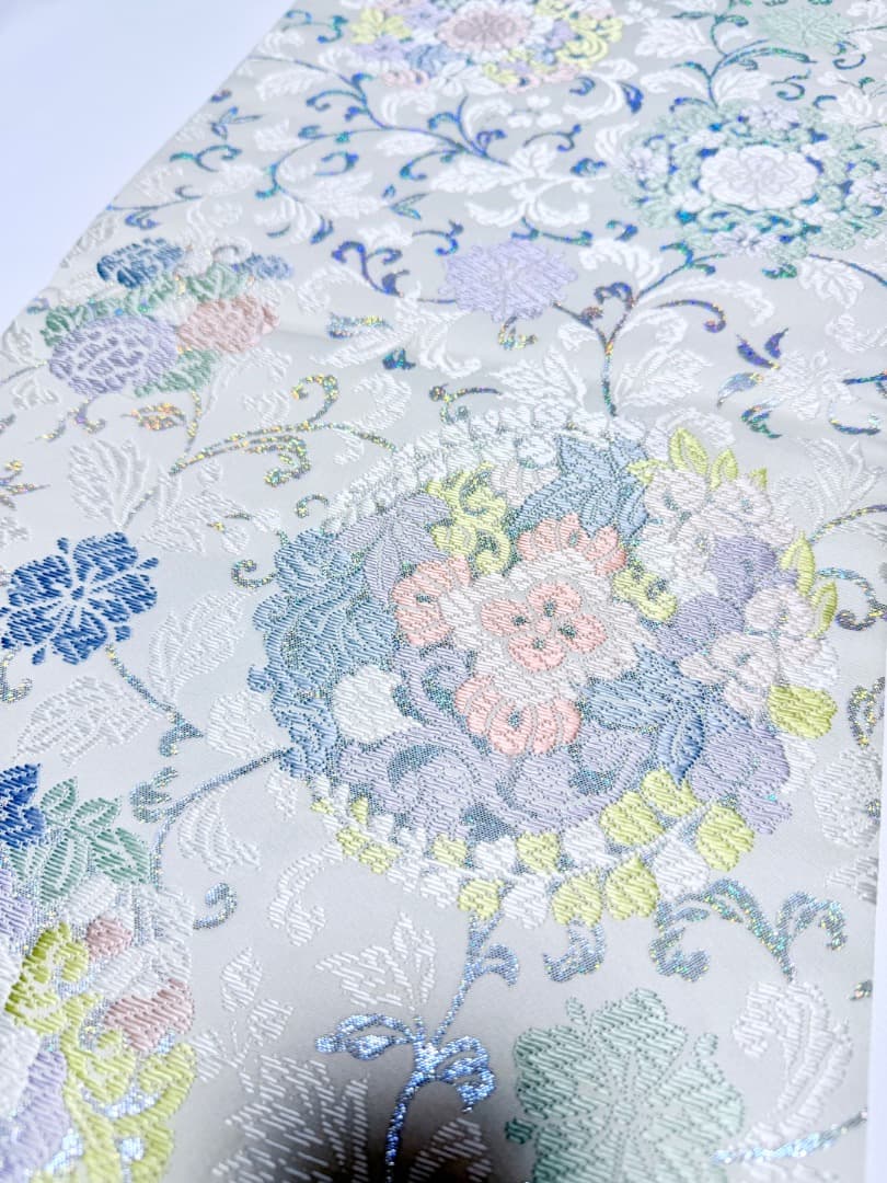 高級 袋帯 正絹 六通柄 総唐織 ホワイト ラメ 訪問着 留袖 色無地