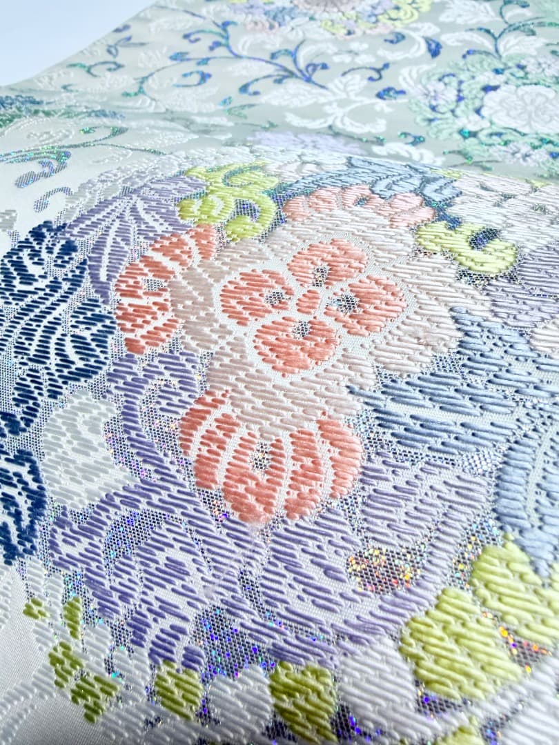 高級 袋帯 正絹 六通柄 総唐織 ホワイト ラメ 訪問着 留袖 色無地