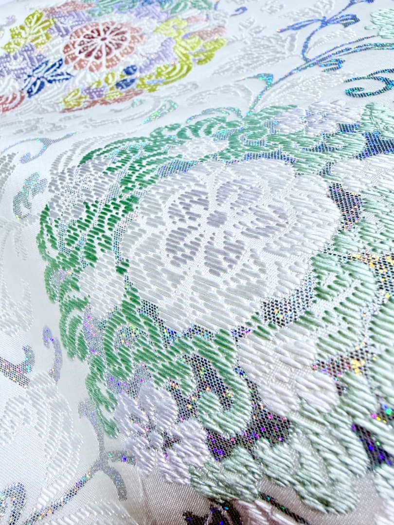 高級 袋帯 正絹 六通柄 総唐織 ホワイト ラメ 訪問着 留袖 色無地