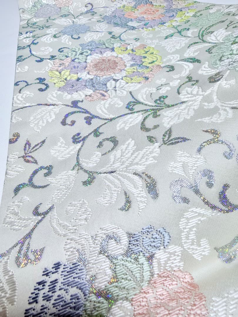 高級 袋帯 正絹 六通柄 総唐織 ホワイト ラメ 訪問着 留袖 色無地