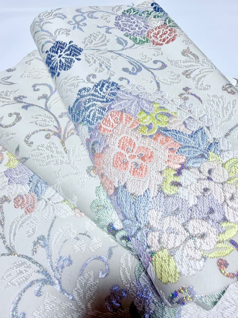 高級 袋帯 正絹 六通柄 総唐織 ホワイト ラメ 訪問着 留袖 色無地