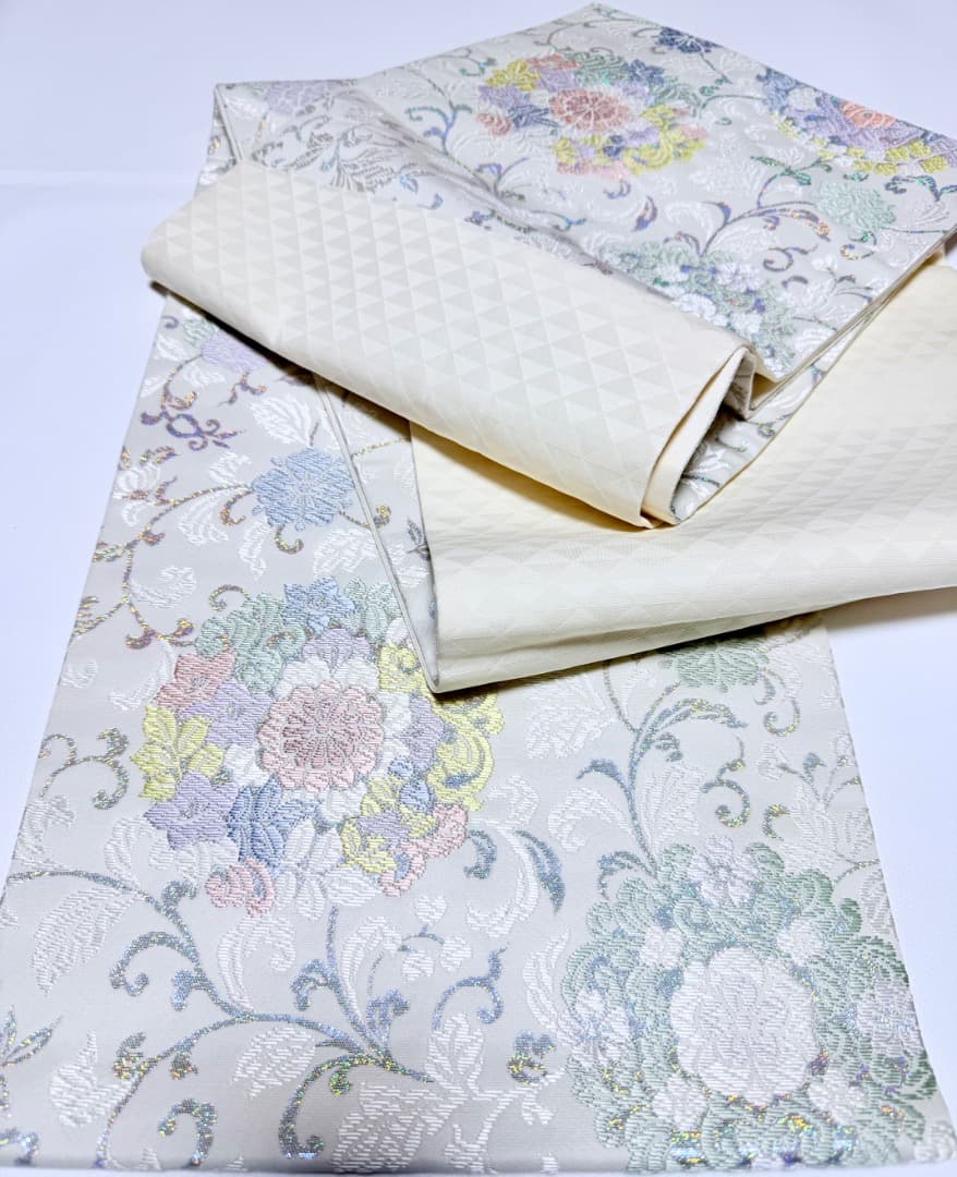 高級 袋帯 正絹 六通柄 総唐織 ホワイト ラメ 訪問着 留袖 色無地