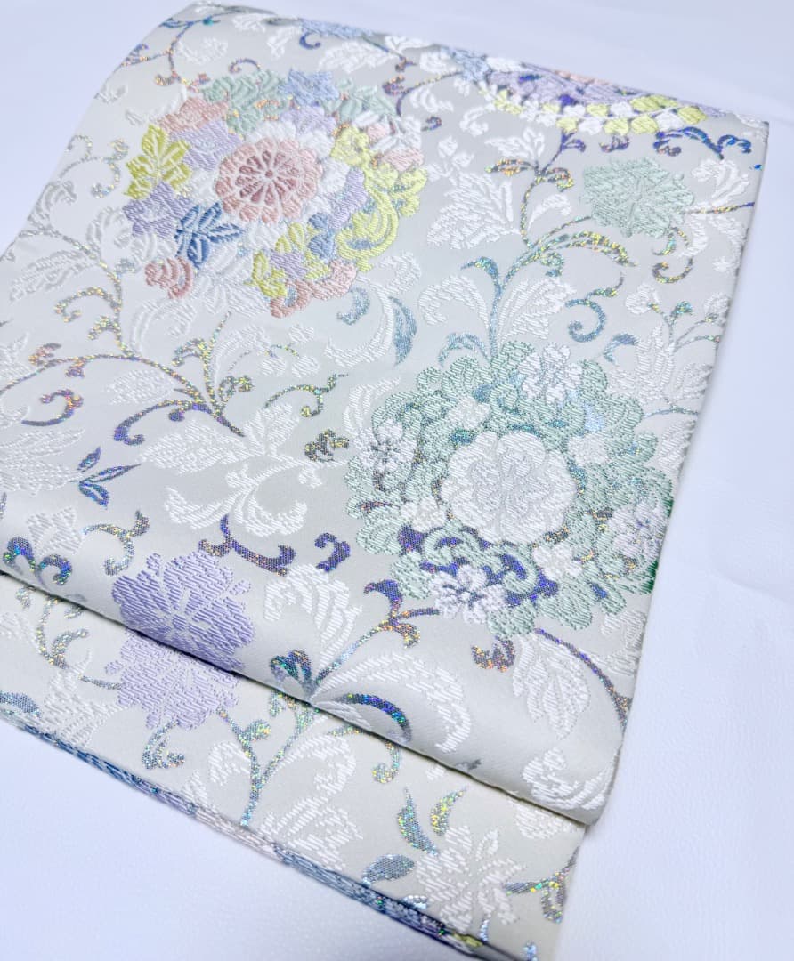 高級 袋帯 正絹 六通柄 総唐織 ホワイト ラメ 訪問着 留袖 色無地