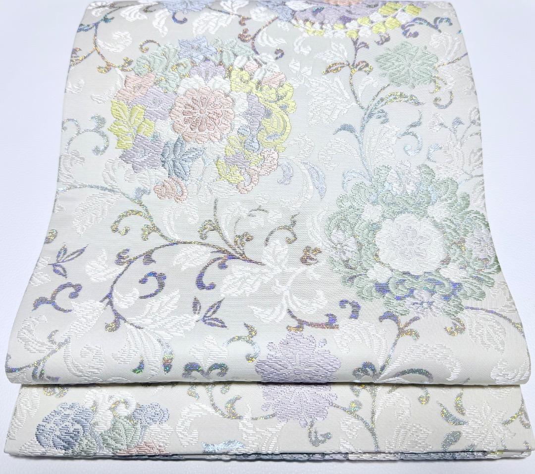 高級 袋帯 正絹 六通柄 総唐織 ホワイト ラメ 訪問着 留袖 色無地