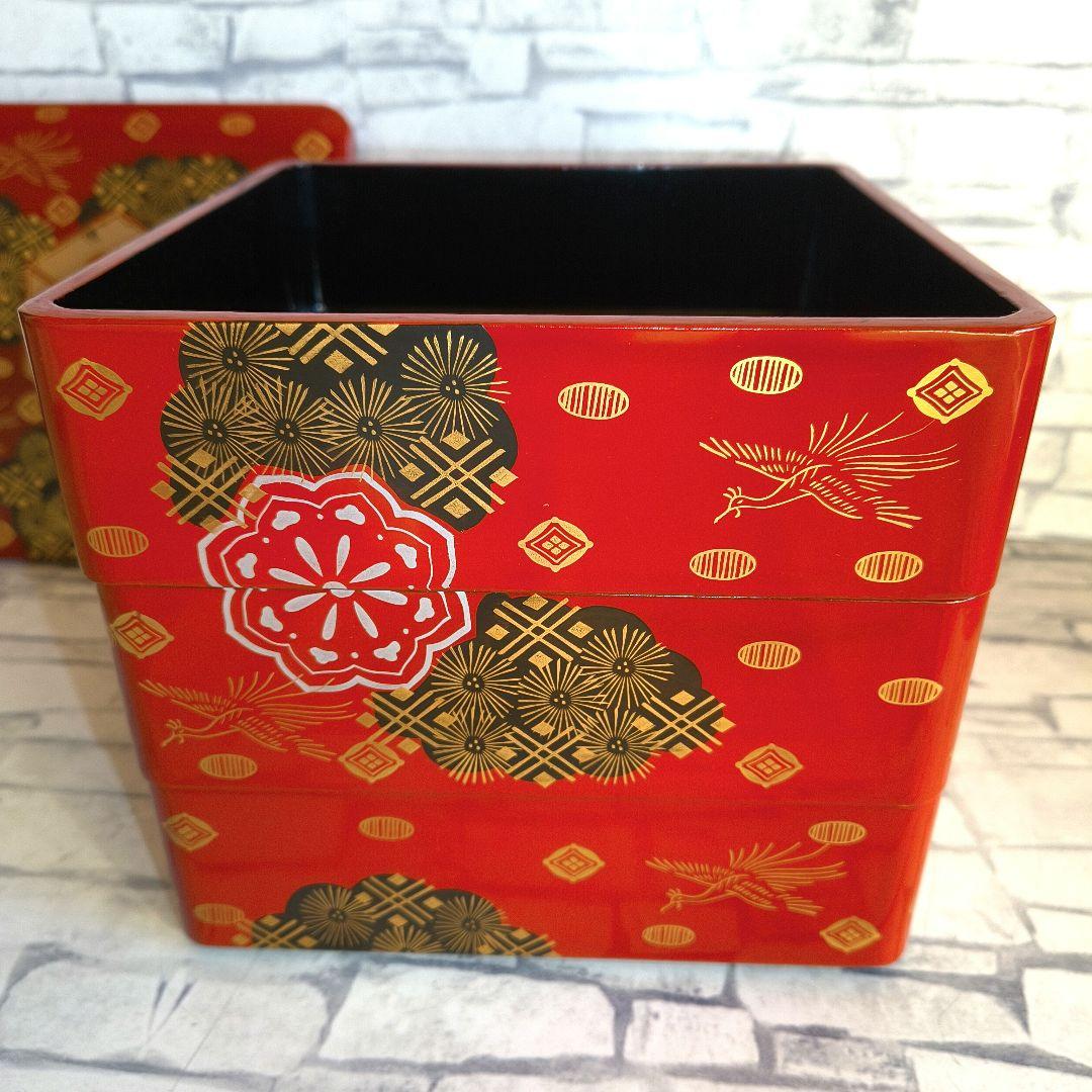 【新品未使用】重箱 3段収納蓋付 会津錦絵 木製漆器