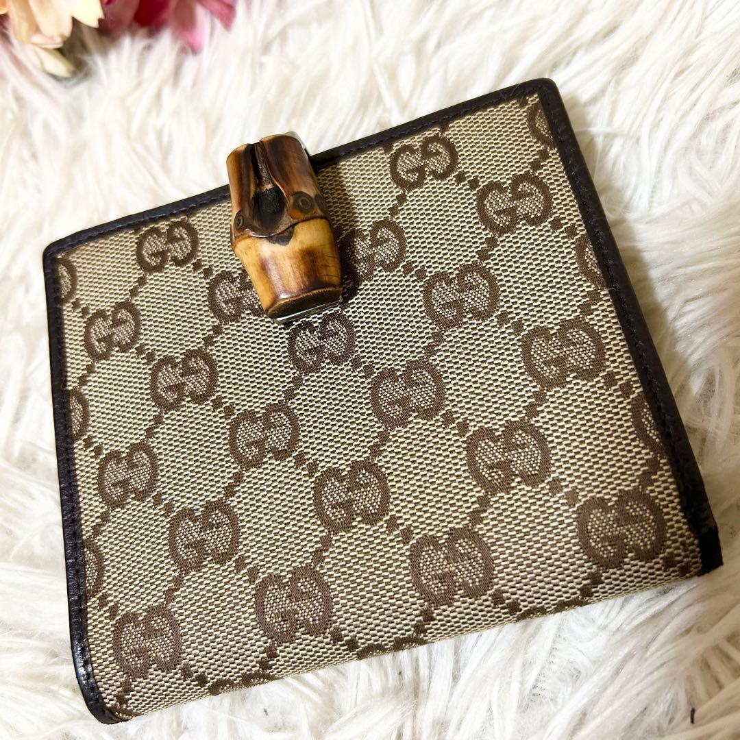 【希少】GUCCI グッチ GG バンブー 2つ折り 財布 キャンバス ブラウン