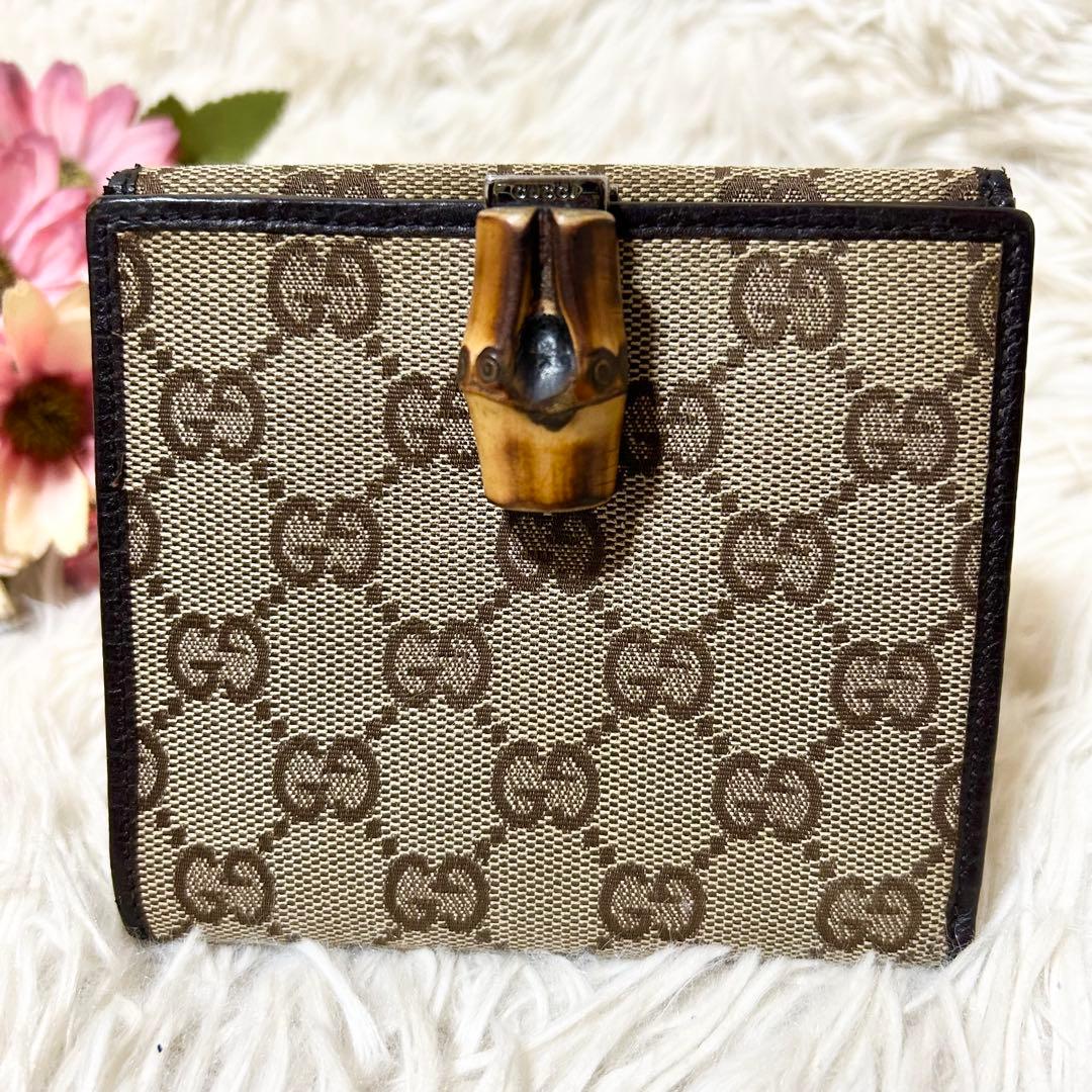【希少】GUCCI グッチ GG バンブー 2つ折り 財布 キャンバス ブラウン