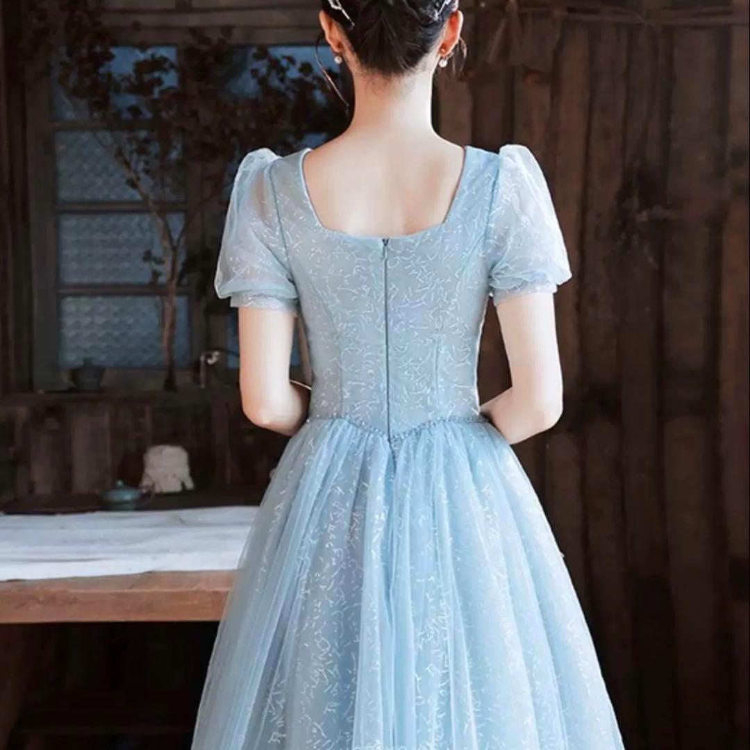 カラードレス、パーティードレス、リボン、シースルーの半袖、イブニングドレス