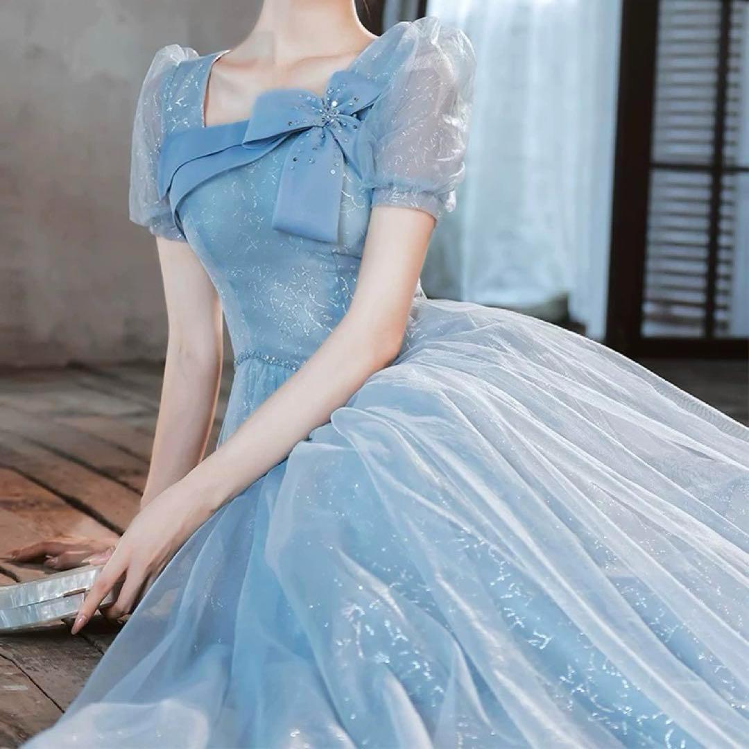 カラードレス、パーティードレス、リボン、シースルーの半袖、イブニングドレス