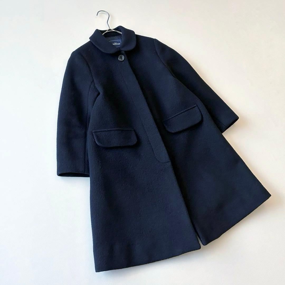 3029y美品 ファミリア 丸襟ウールフレアロングコート 紺 130 お受験