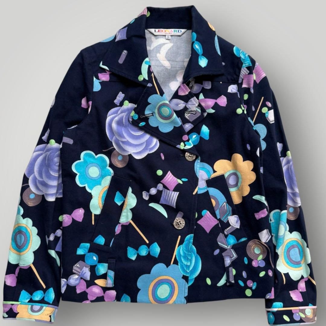 美品☆LEONARD レオナールスポーツ コート トリム 花柄 ネイビー 40