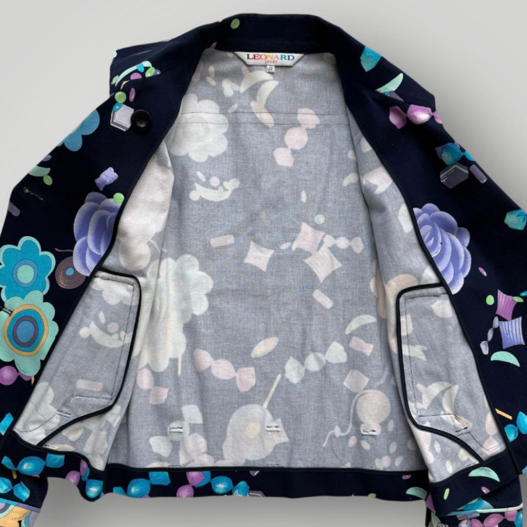 美品☆LEONARD レオナールスポーツ コート トリム 花柄 ネイビー 40