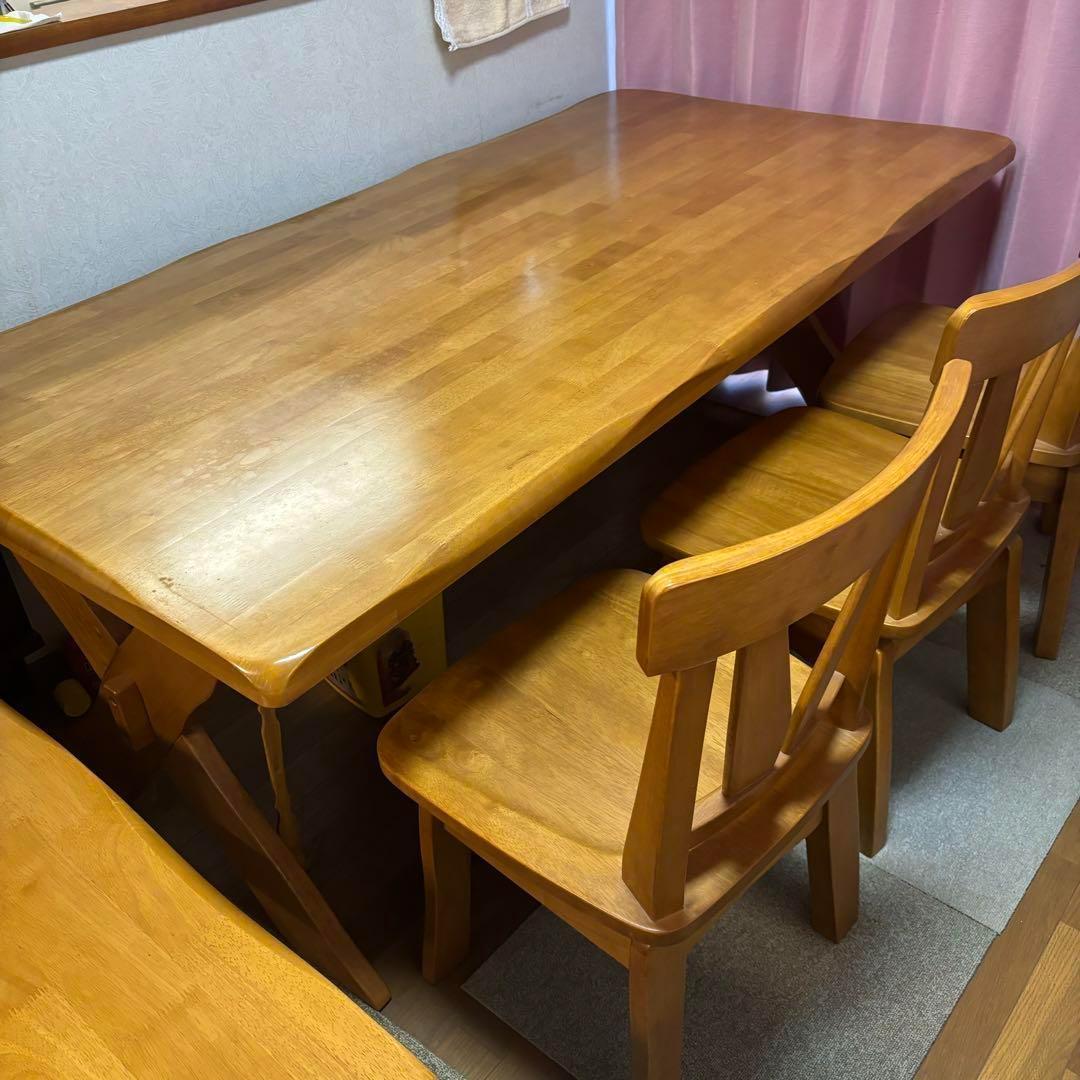 ダイニングテーブル　6人掛け　5点セット　回転椅子　長椅子　中古家具