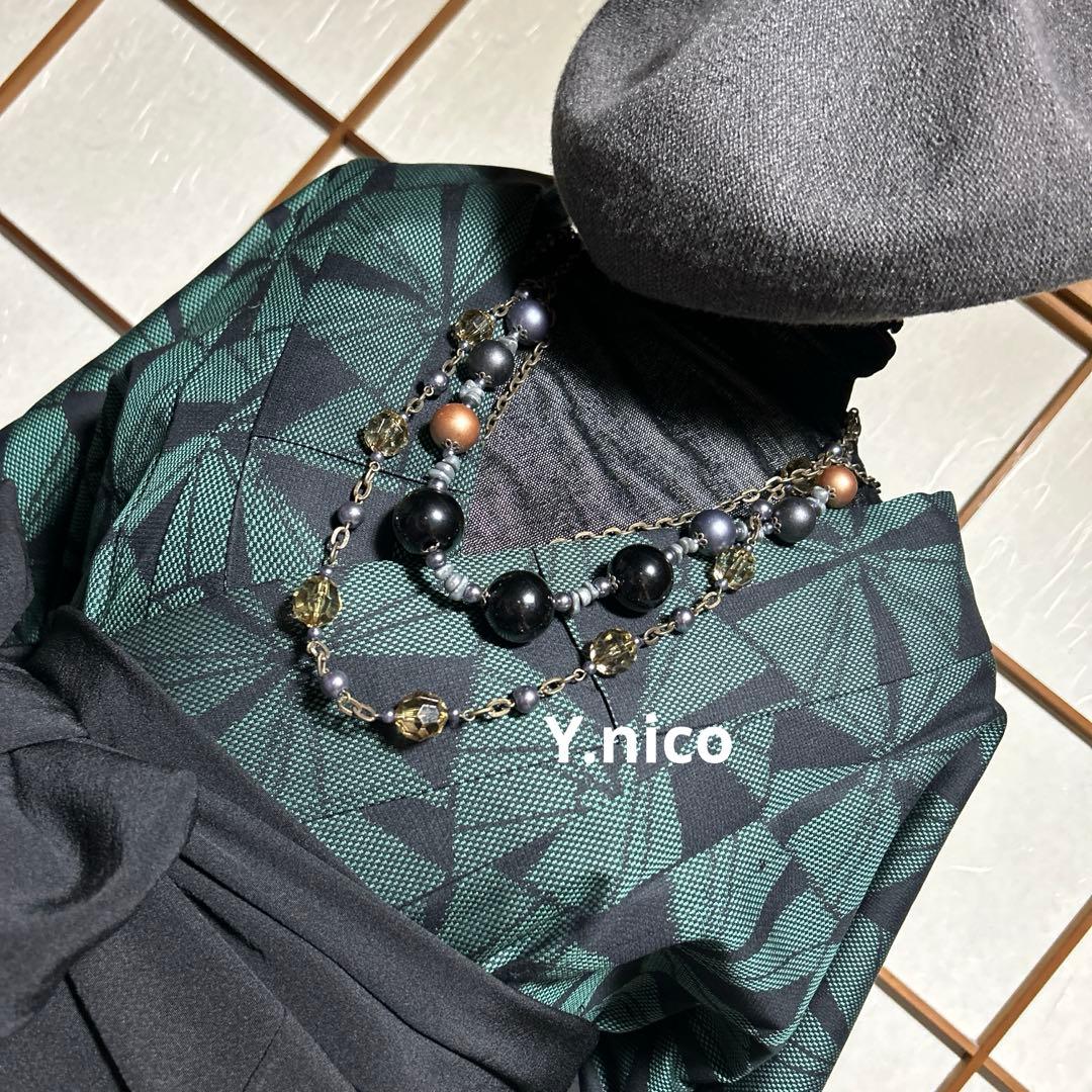 M 着物リメイク 正絹 黒緑 紬 簡単二部式巻スカセットアップ