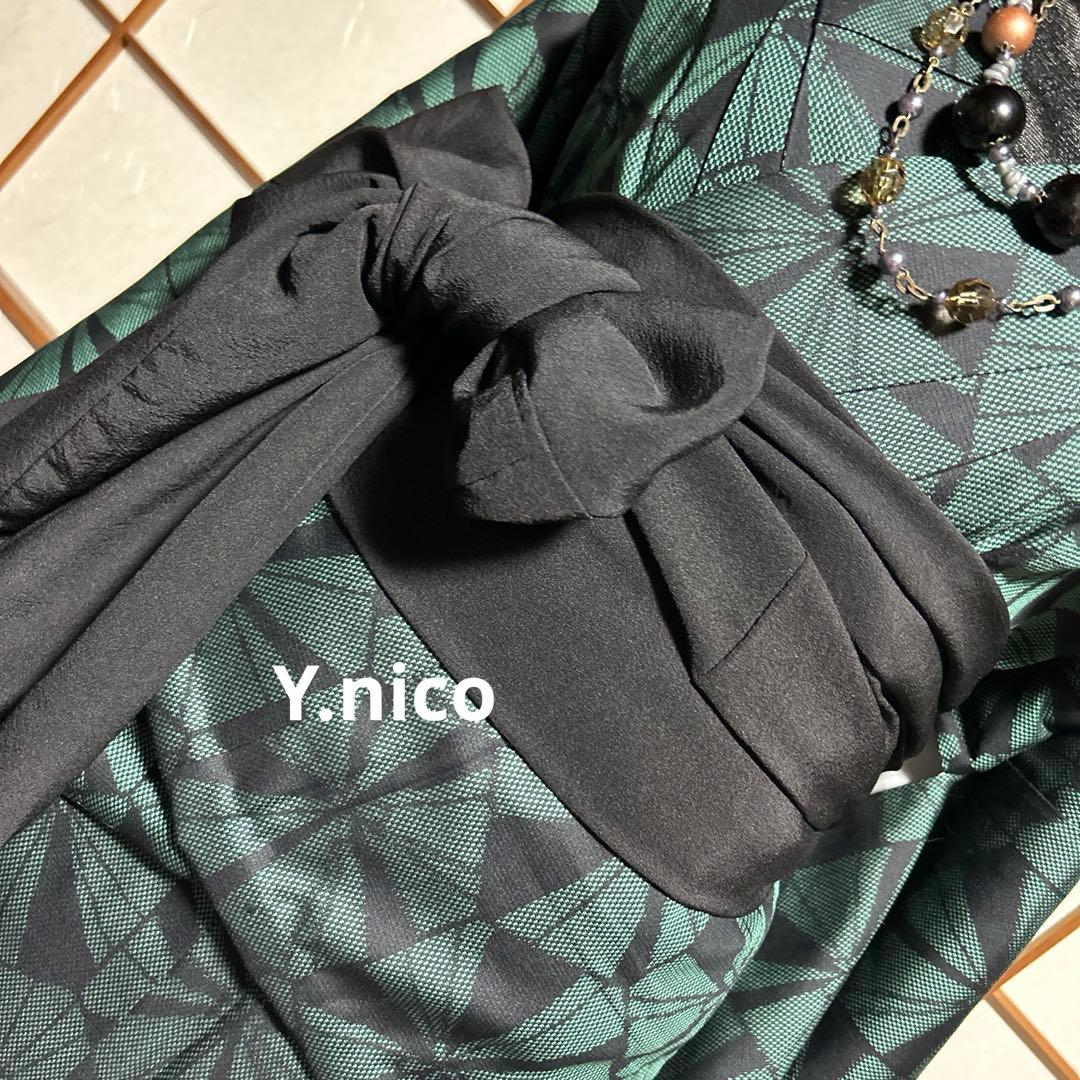 M 着物リメイク 正絹 黒緑 紬 簡単二部式巻スカセットアップ