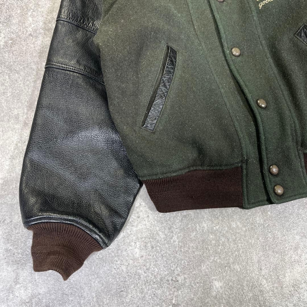 90s PAZZO CLUB スタジャン　袖レザー　刺繍　L相当　グリーン　黒