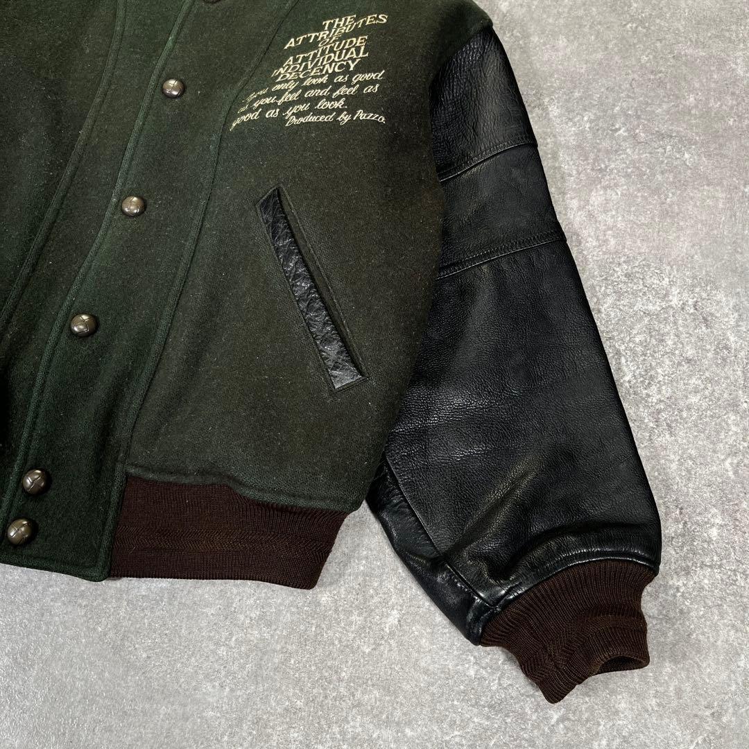 90s PAZZO CLUB スタジャン　袖レザー　刺繍　L相当　グリーン　黒