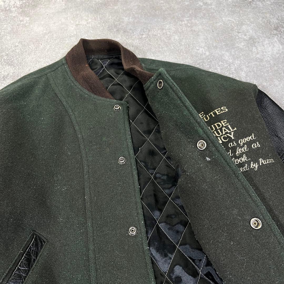 90s PAZZO CLUB スタジャン　袖レザー　刺繍　L相当　グリーン　黒