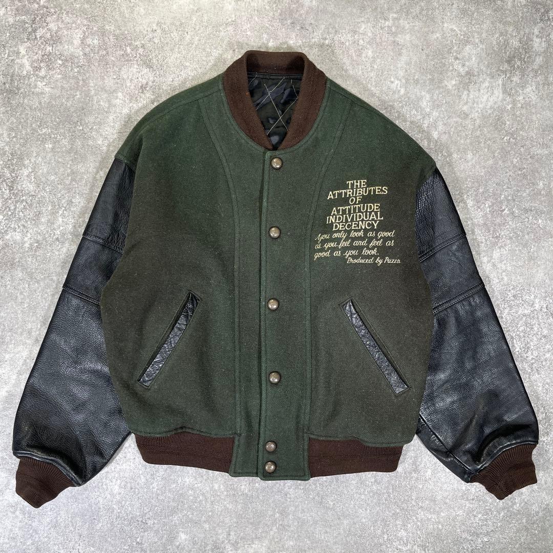 90s PAZZO CLUB スタジャン　袖レザー　刺繍　L相当　グリーン　黒