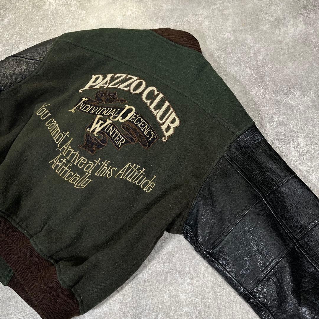90s PAZZO CLUB スタジャン　袖レザー　刺繍　L相当　グリーン　黒