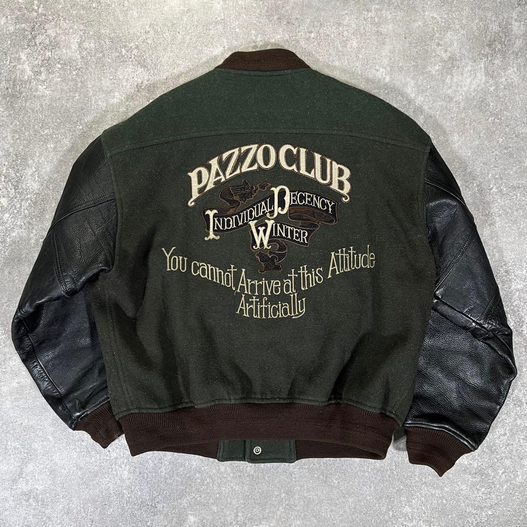 90s PAZZO CLUB スタジャン　袖レザー　刺繍　L相当　グリーン　黒