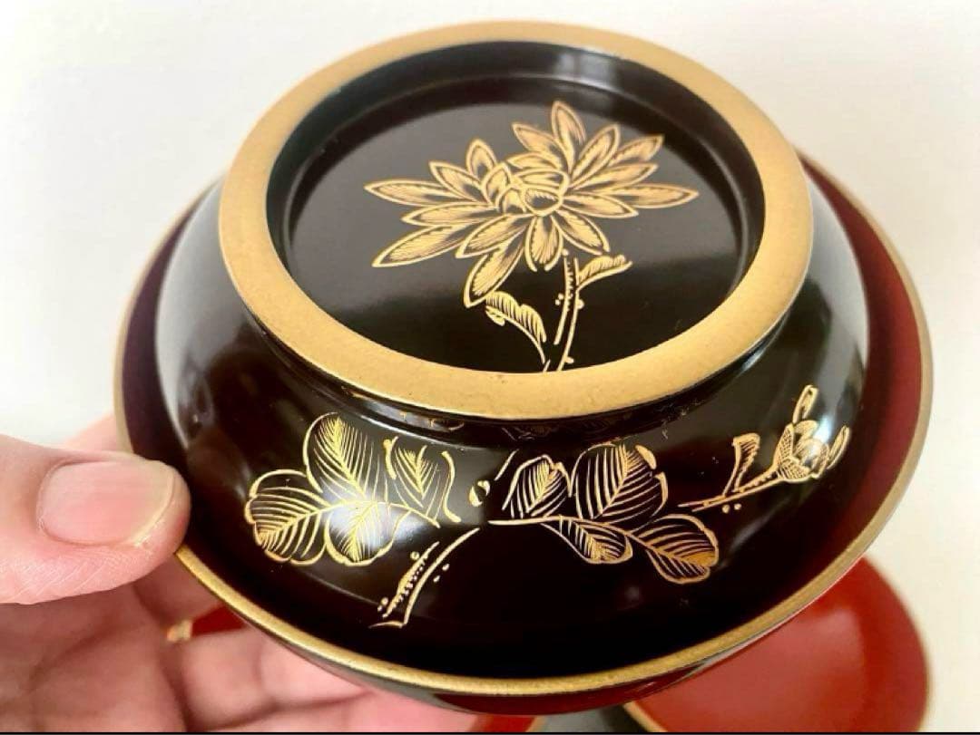 輪島塗 時代漆器 菓子椀 沈金 天然木 外黒内朱 金縁 蓋付 お椀 5客