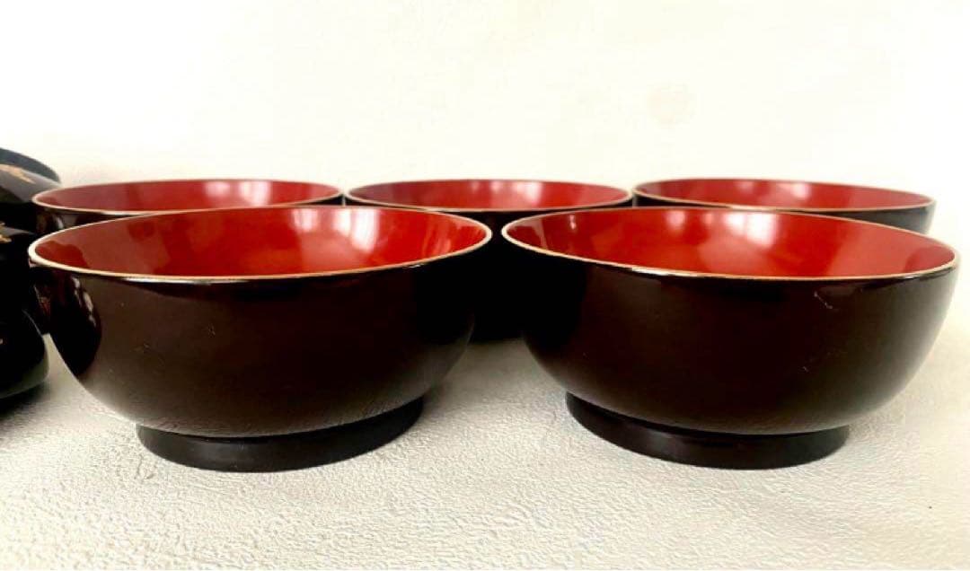 輪島塗 時代漆器 菓子椀 沈金 天然木 外黒内朱 金縁 蓋付 お椀 5客