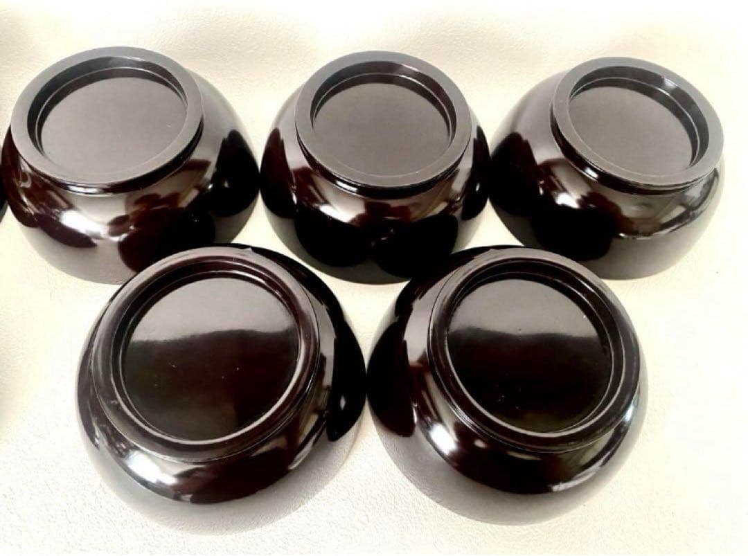 輪島塗 時代漆器 菓子椀 沈金 天然木 外黒内朱 金縁 蓋付 お椀 5客