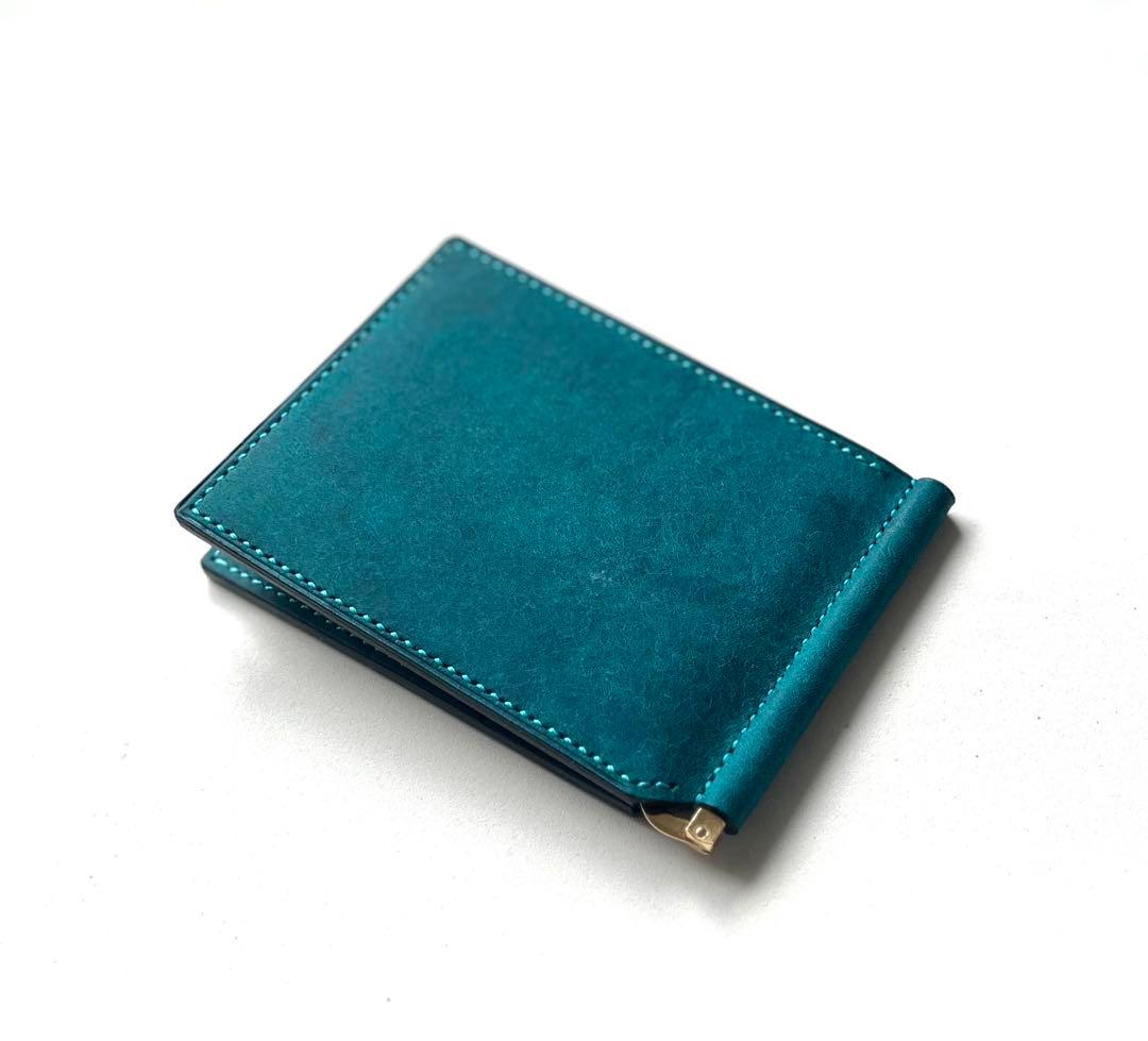 マネークリップ財布【ターコイズ】手縫い仕立て　マルゴー　イタリアンレザー
