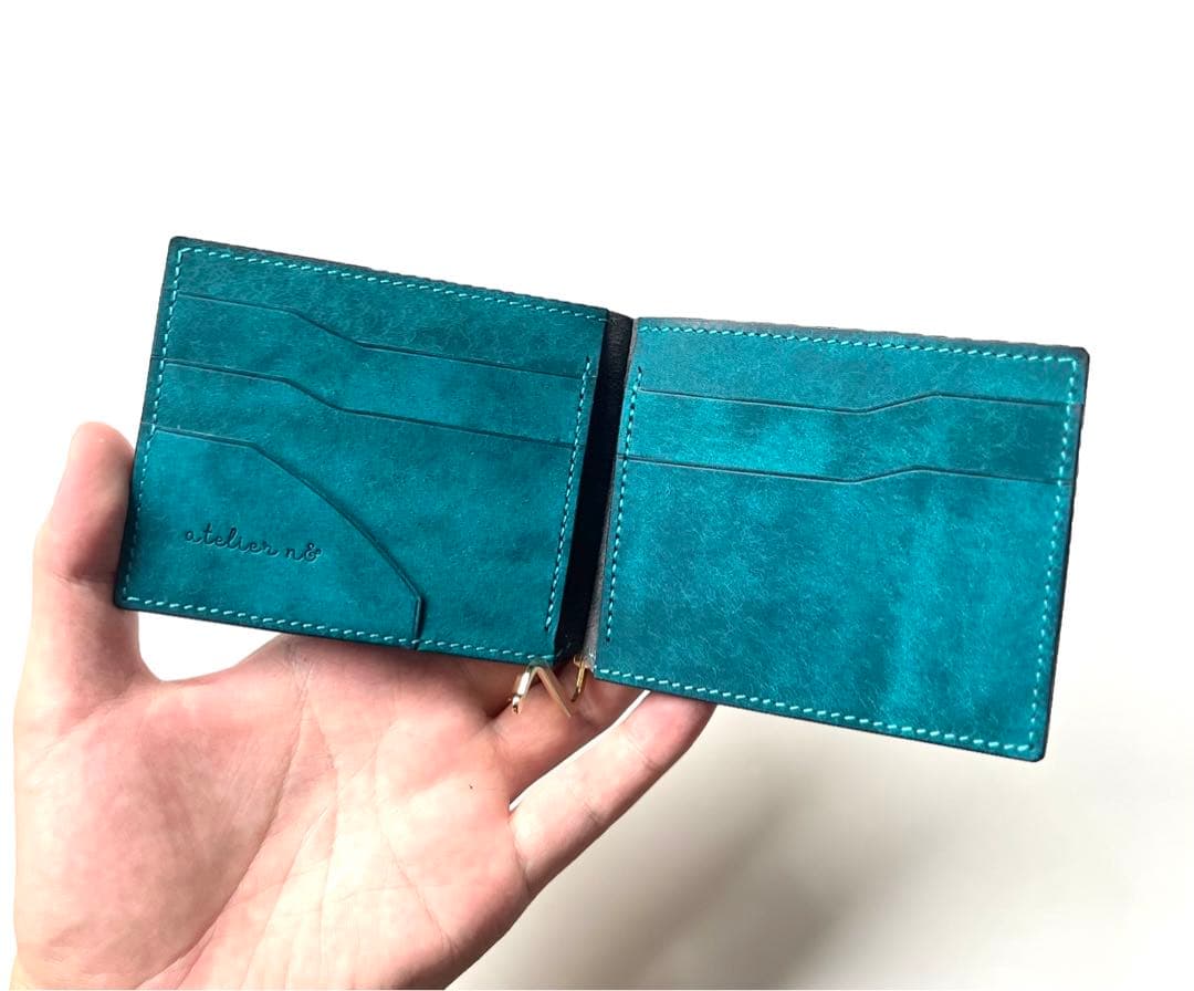 マネークリップ財布【ターコイズ】手縫い仕立て　マルゴー　イタリアンレザー