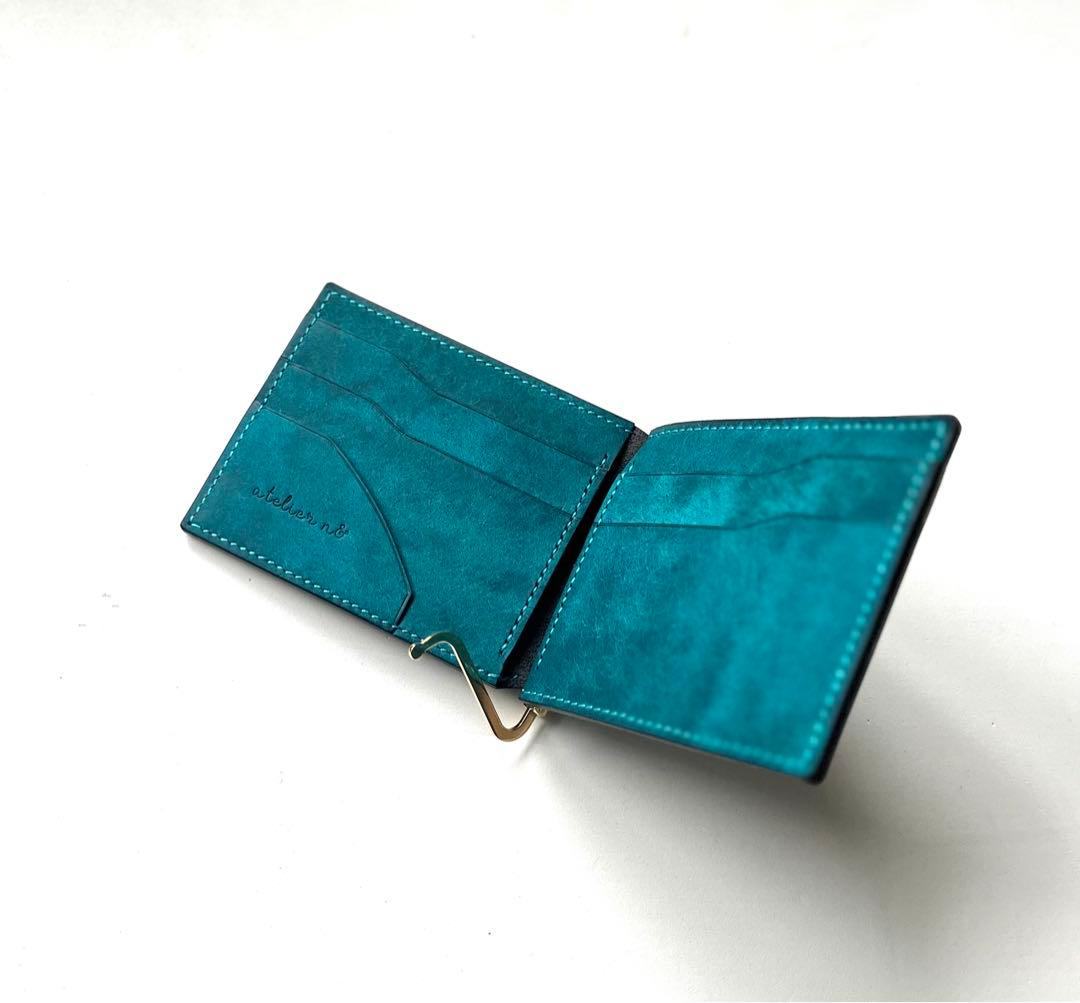 マネークリップ財布【ターコイズ】手縫い仕立て　マルゴー　イタリアンレザー
