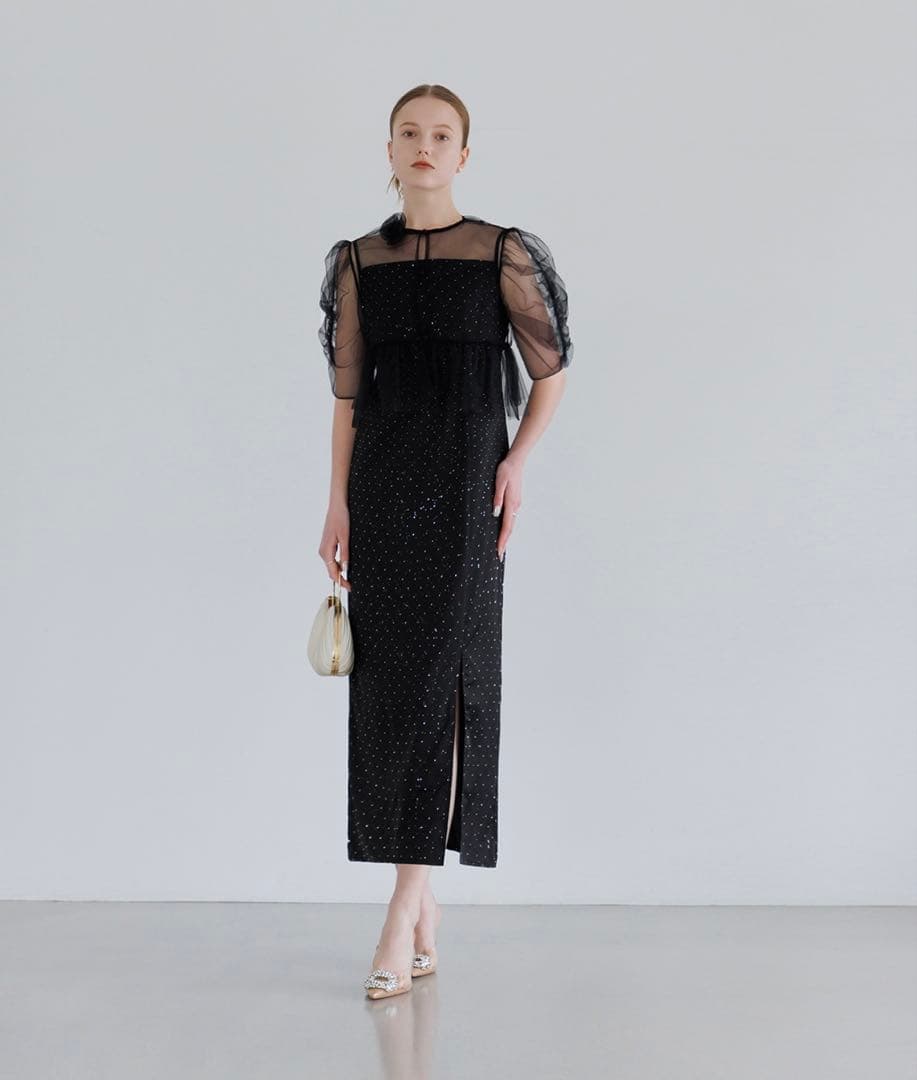 【leja】チュールフラワーモチーフドットストーンIラインワンピースドレス S