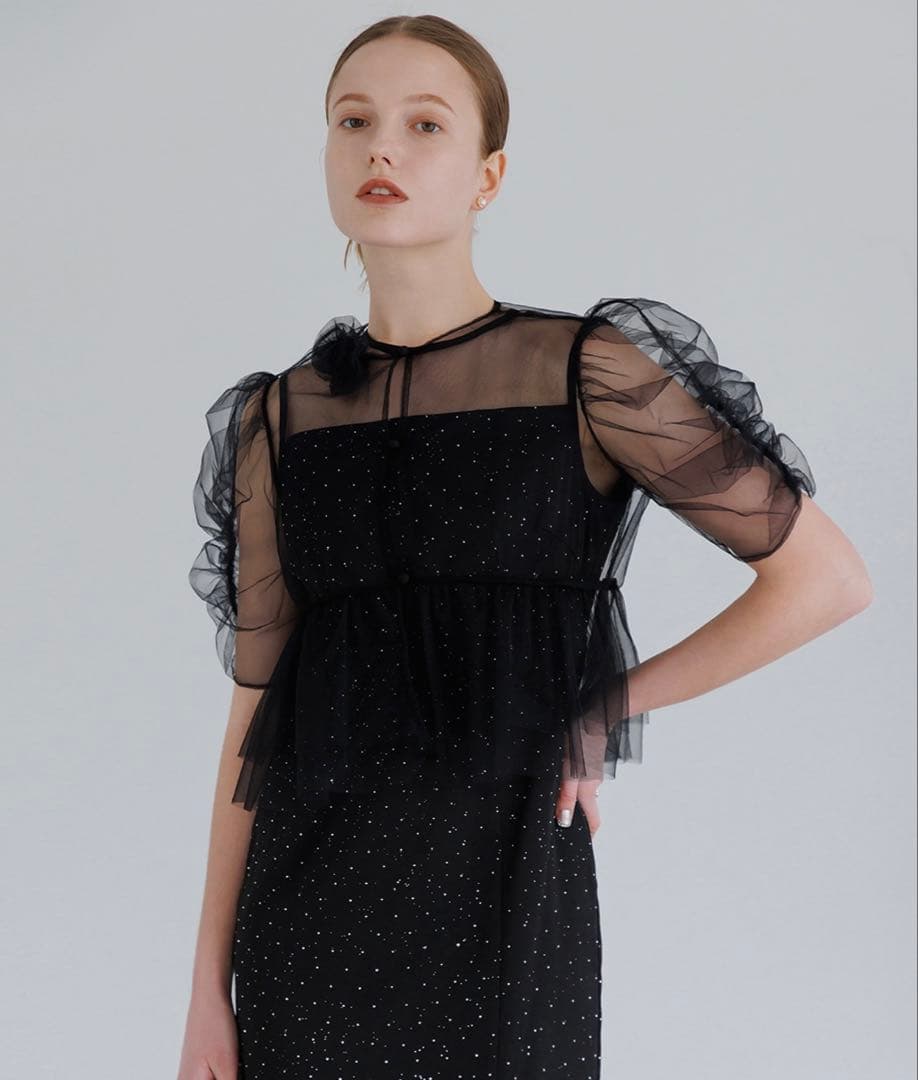 【leja】チュールフラワーモチーフドットストーンIラインワンピースドレス S