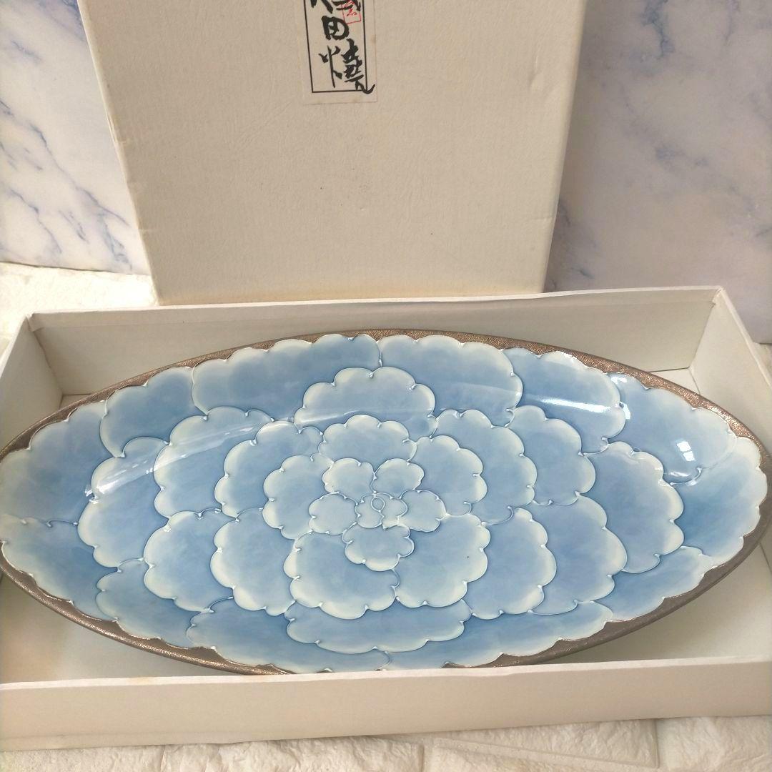 有田焼　文山窯　プラチナ牡丹　オーバルプレート　楕円皿　大皿　花柄食器　約37㎝