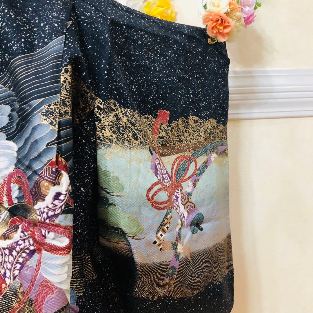 七五三 五歳‼️正絹豪華絢爛黒地金箔ラメキラキラ鷹巻物金彩‼️完全フルセット 揃える