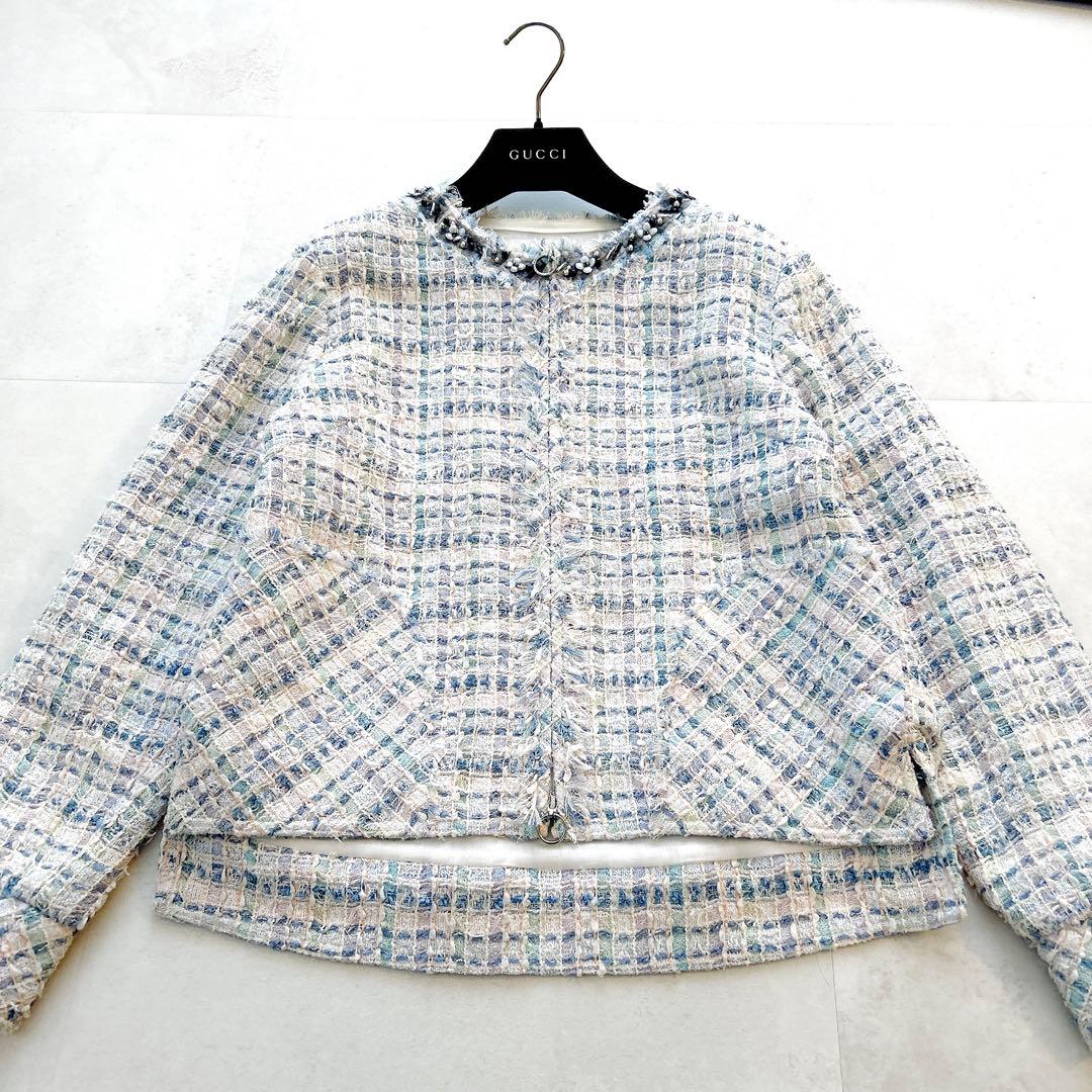 希少✨ルネマリアケントツイードジャケットお花ノーカラー最高級ファンシーツイード