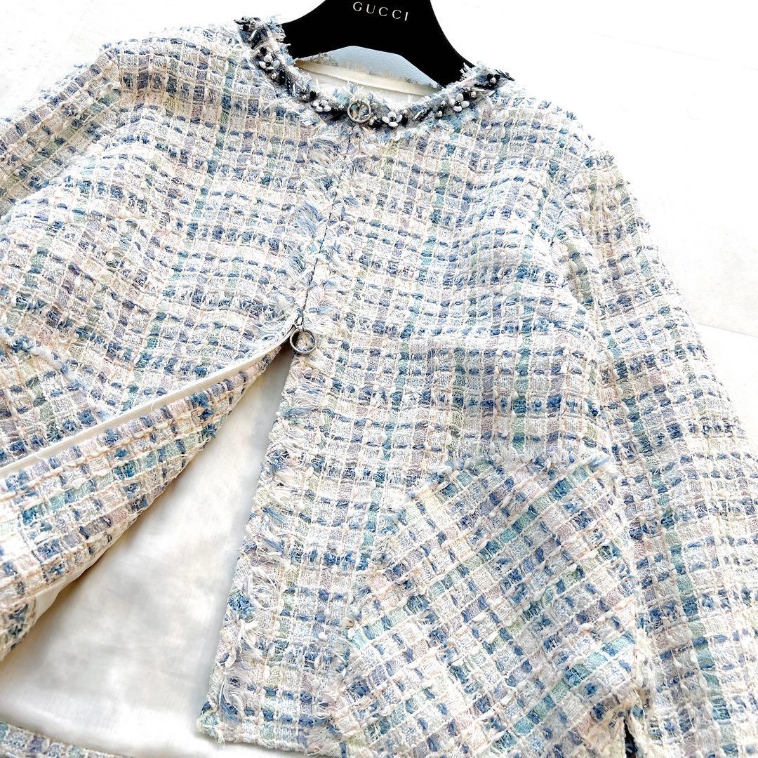 希少✨ルネマリアケントツイードジャケットお花ノーカラー最高級ファンシーツイード