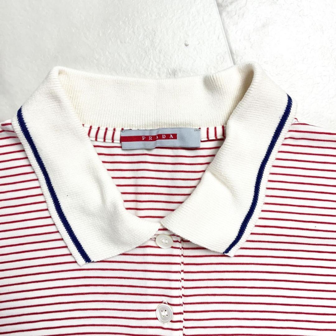 美品 PRADA ボーダー半袖ポロシャツ レッド サイズL*ED203