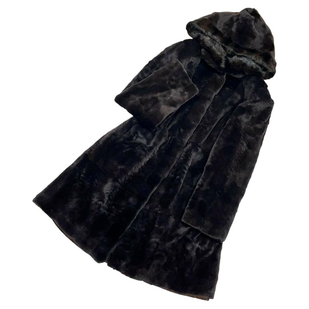 総丈97 フード付 ミンクシェアード リアルファーロングコート XL ブラック