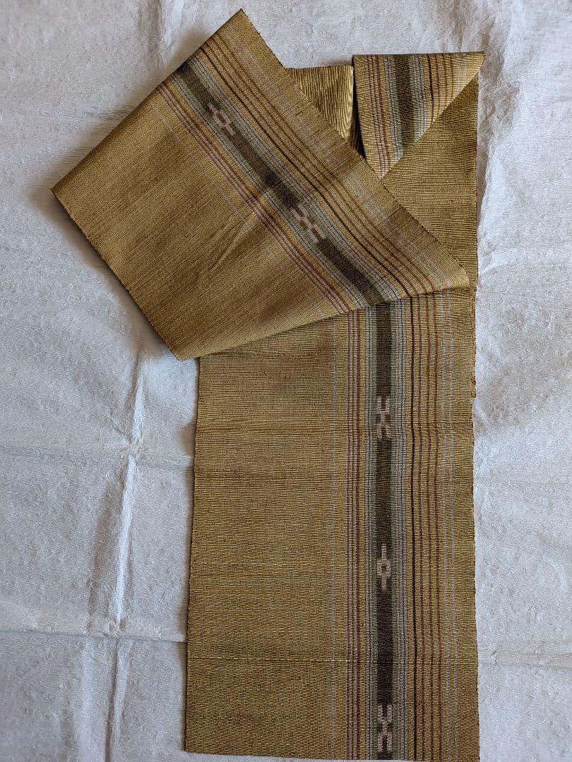 【美品】ミンサー織 名古屋帯 明るめの鶯色(落ち着いた黄色寄り) モスグリーン